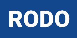 blue and white logo with letters RODO